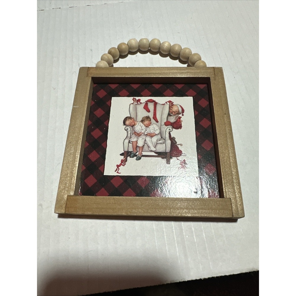 Vintage wooden picture frame two children in Christmas pjs Norman Rockwell